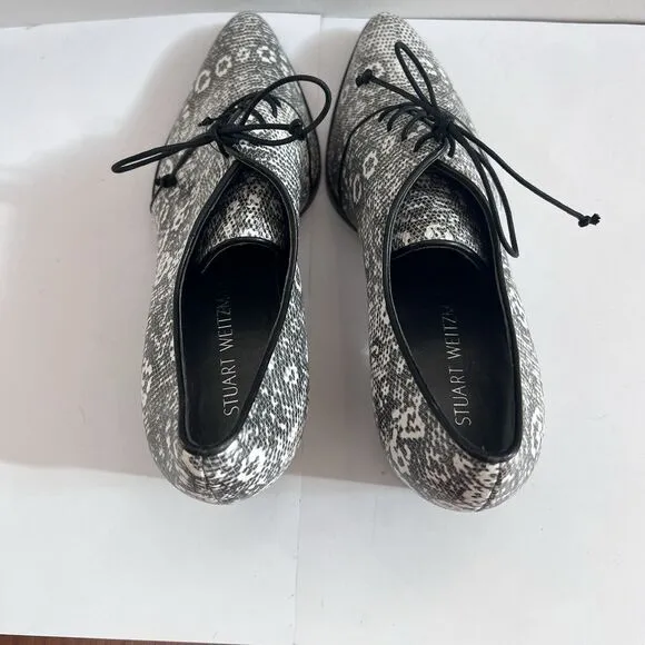 STUART WEITZMAN Animal Print Pointed Toe Chunky Heel Oxford 9.5M Shoes Lace Up