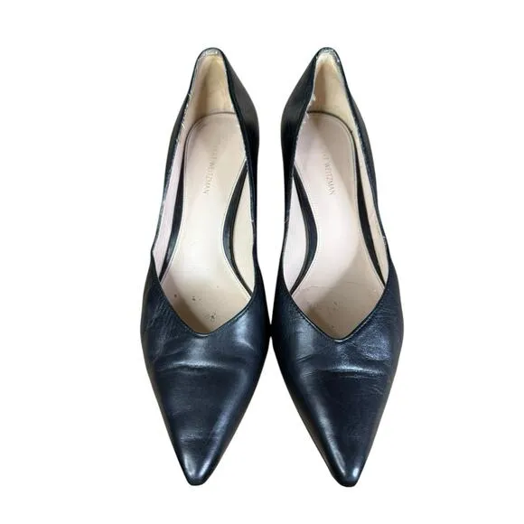 Stuart Weitzman Black Leather Pointed Toe Pumps Block Heel Size 7.5M