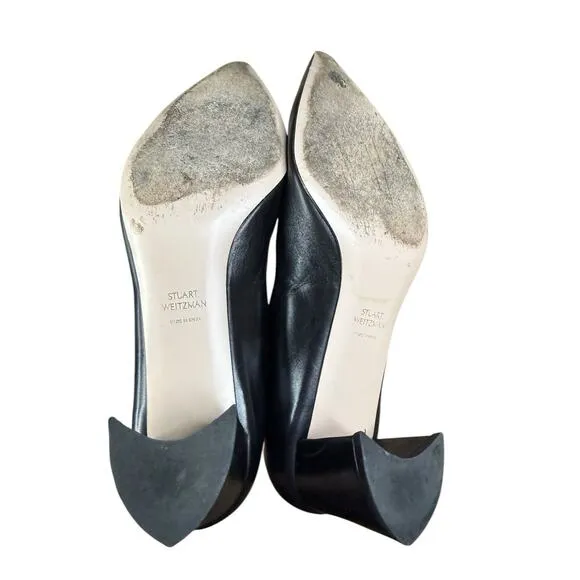 Stuart Weitzman Black Leather Pointed Toe Pumps Block Heel Size 7.5M