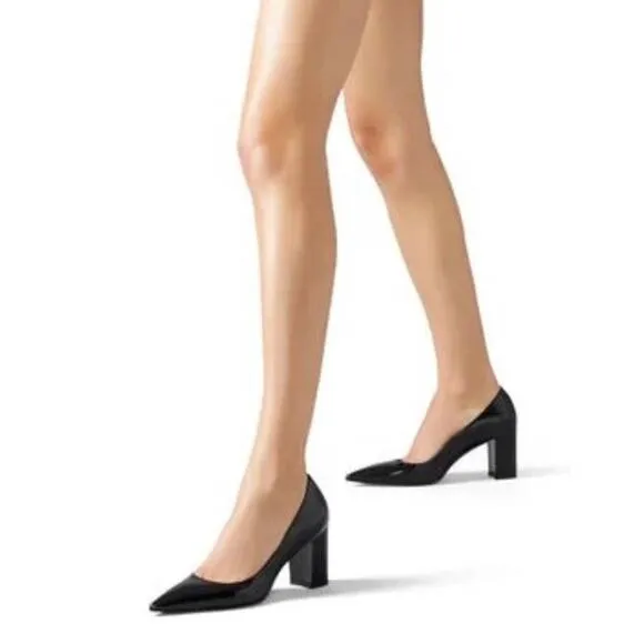 Stuart Weitzman Black Leather Pointed Toe Pumps Block Heel Size 7.5M