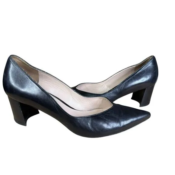 Stuart Weitzman Black Leather Pointed Toe Pumps Block Heel Size 7.5M