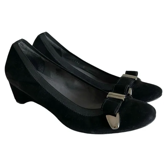 Stuart Weitzman Black Suede Bow Wedge Pumps Size 6.5