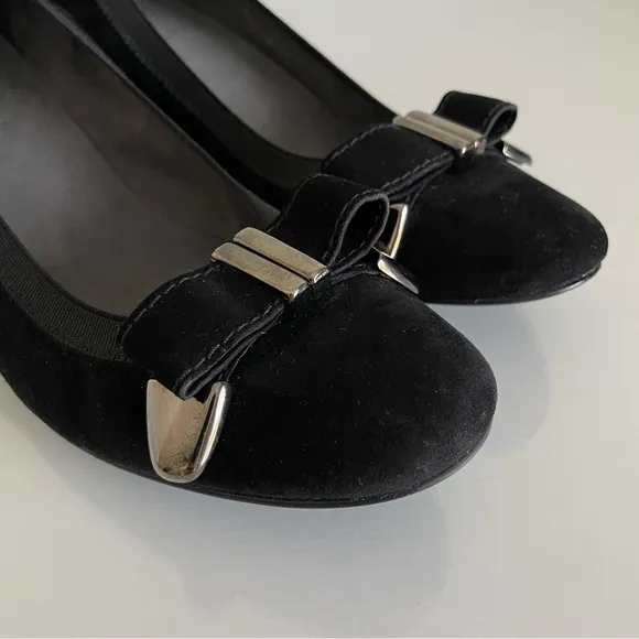 Stuart Weitzman Black Suede Bow Wedge Pumps Size 6.5