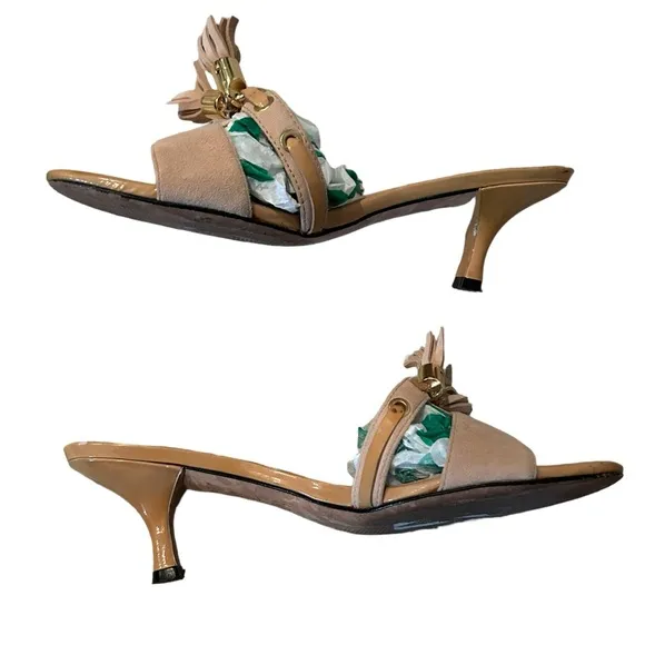 Stuart Weitzman Blush Pink Suede Tassle Tan Patent Accents Kitten Heel 7 Mules.