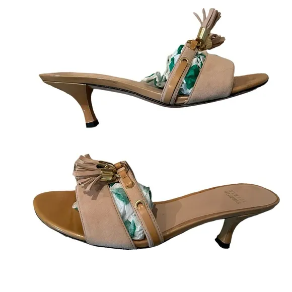 Stuart Weitzman Blush Pink Suede Tassle Tan Patent Accents Kitten Heel 7 Mules.