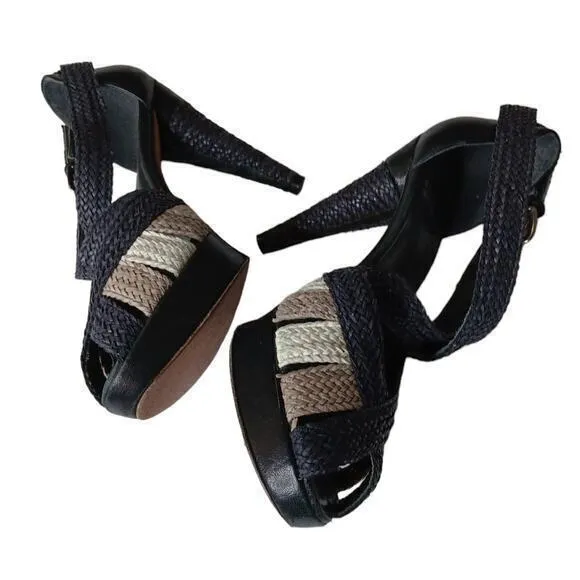 STUART WEITZMAN Cone‎ Heels Artsy Pumps Shoes Size 8.5 Raffia Rattan Straw