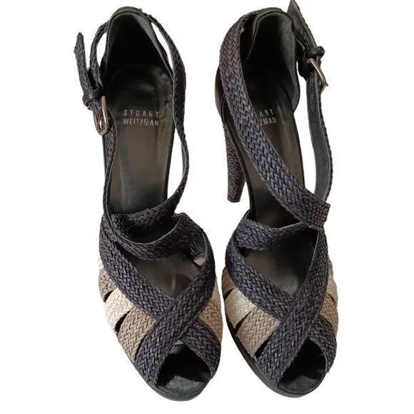 STUART WEITZMAN Cone‎ Heels Artsy Pumps Shoes Size 8.5 Raffia Rattan Straw