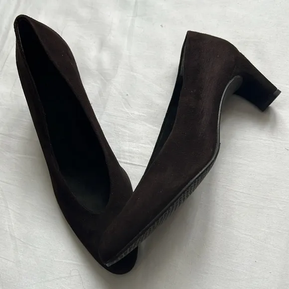 Stuart Weitzman Dark Brown Leather Suede Almond Toe Pumps