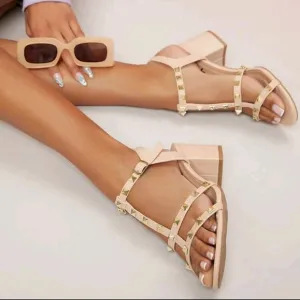 Studded T Strap Low Block Heel Slingback Sandals Holiday Vacay Vibe For Spring