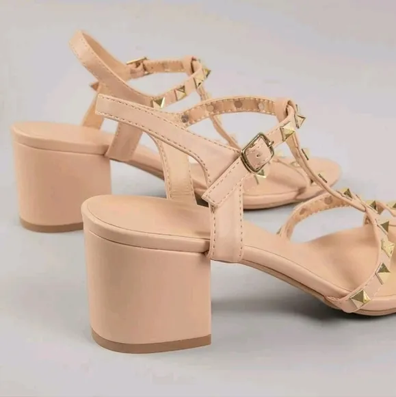 Studded T Strap Low Block Heel Slingback Sandals Holiday Vacay Vibe For Spring