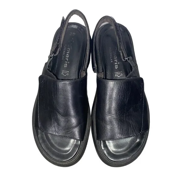 Tamaris black leather platform chunky adjustable slingbacsandal shoes women’s 39
