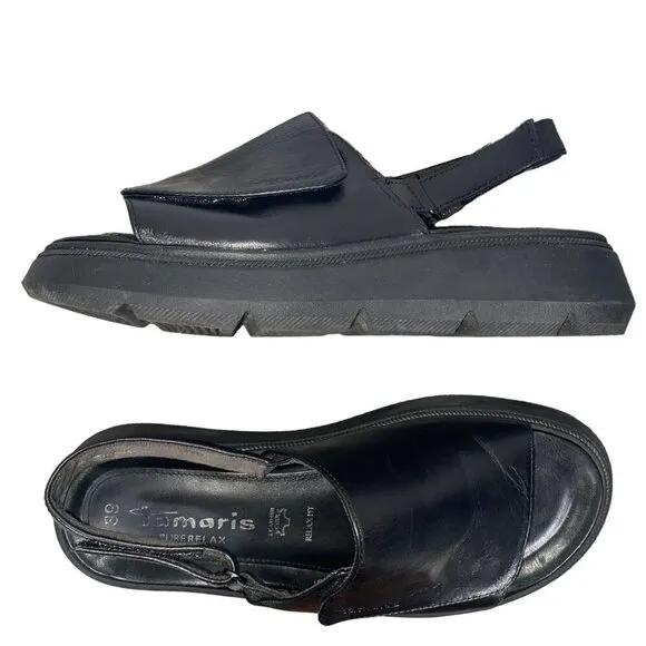 Tamaris black leather platform chunky adjustable slingbacsandal shoes women’s 39
