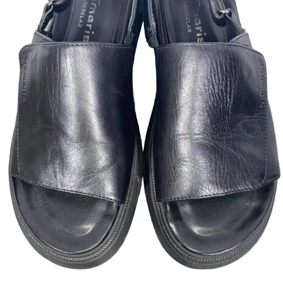 Tamaris black leather platform chunky adjustable slingbacsandal shoes women’s 39