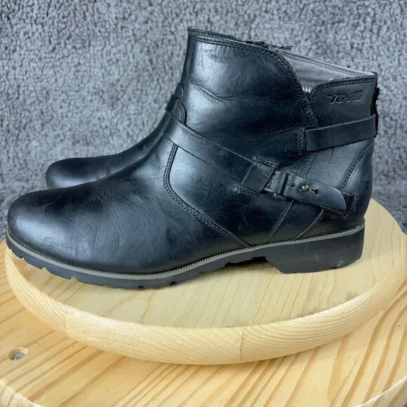 Teva De La Vina Leather Boots Womens 10 Black Waterproof Side Zip Ankle Booties