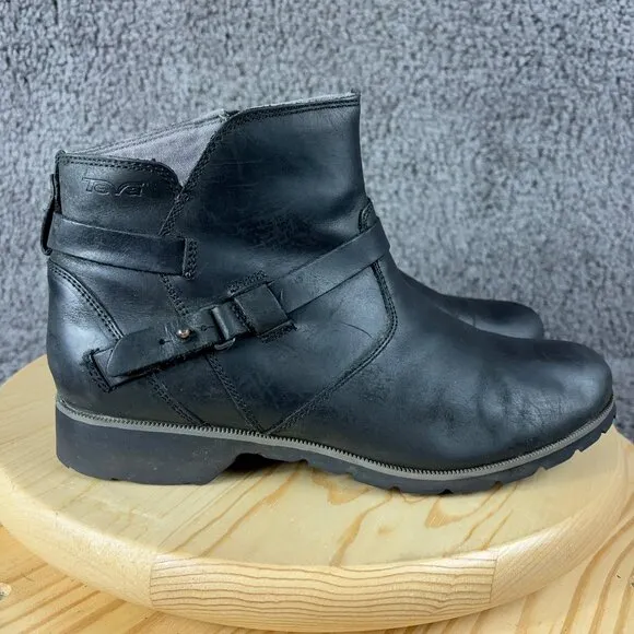 Teva De La Vina Leather Boots Womens 10 Black Waterproof Side Zip Ankle Booties