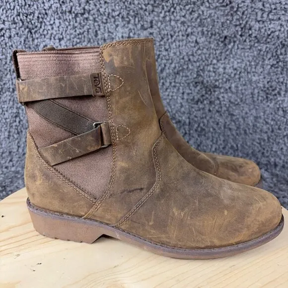 Teva Ellery Ankle Boots Womens Size 8.5 Brown Distressed Leather Waterproof