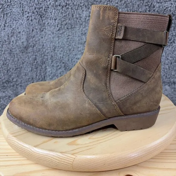 Teva Ellery Ankle Boots Womens Size 8.5 Brown Distressed Leather Waterproof