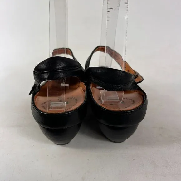 Think! heels women’s 6 black leather minimalist ankle strap sling back stacked