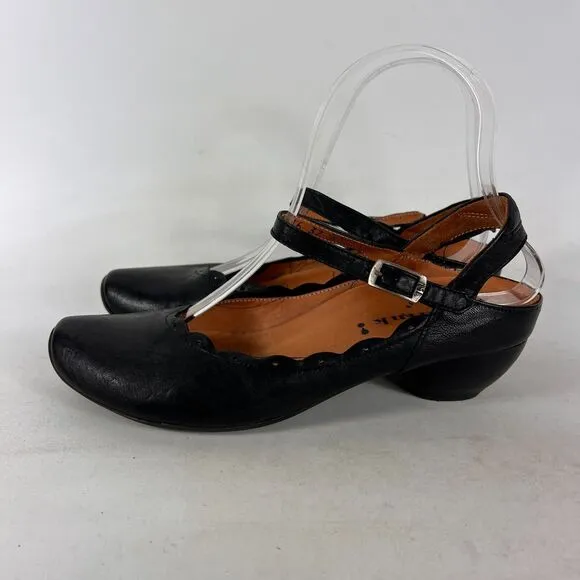 Think! heels women’s 6 black leather minimalist ankle strap sling back stacked