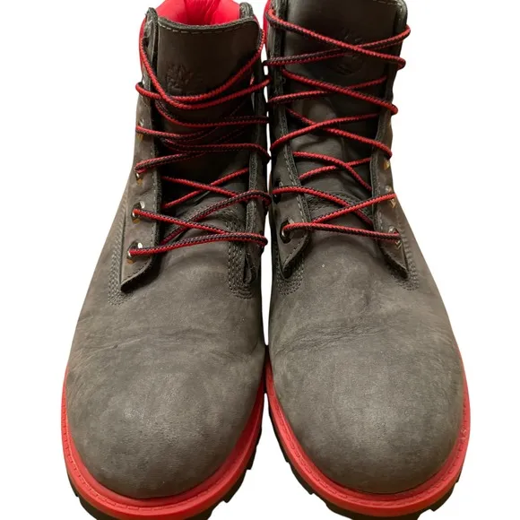 Timberland 6&quot; Premium Boots Youth 5Y Gray Red 3396R Leather Waterproof