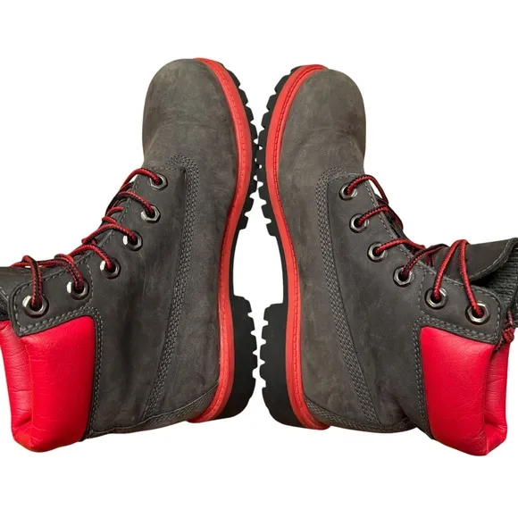 Timberland 6&quot; Premium Boots Youth 5Y Gray Red 3396R Leather Waterproof