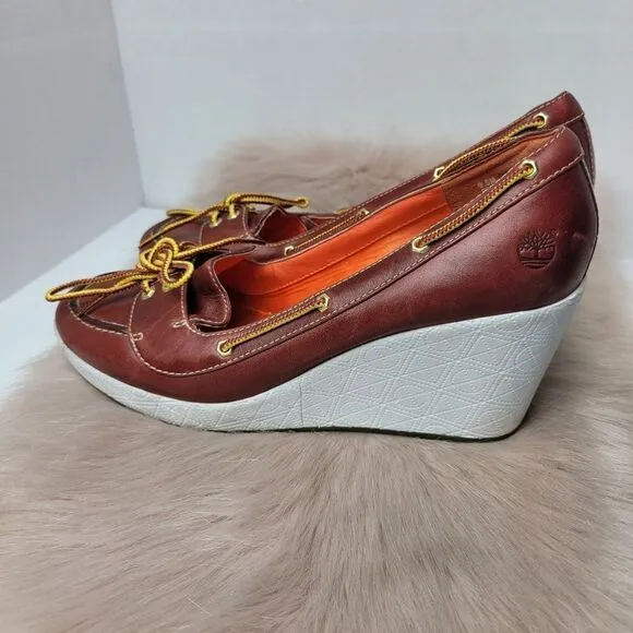 Timberland 94346 Brown Leather Casual LWalking Wedge Shoes Size 9.5