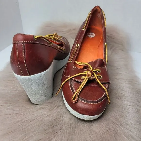 Timberland 94346 Brown Leather Casual LWalking Wedge Shoes Size 9.5
