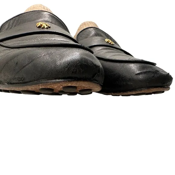 Tory Burch Black Napa Leather Loafers Slip On Flats Ballet Sz 8.5 Gold Designer