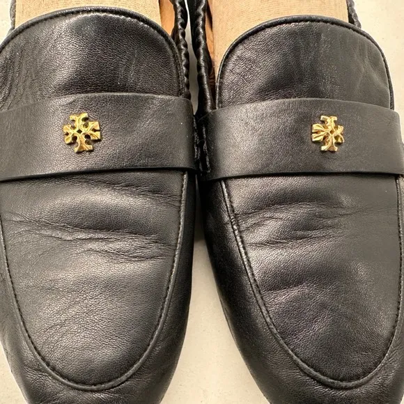 Tory Burch Black Napa Leather Loafers Slip On Flats Ballet Sz 8.5 Gold Designer