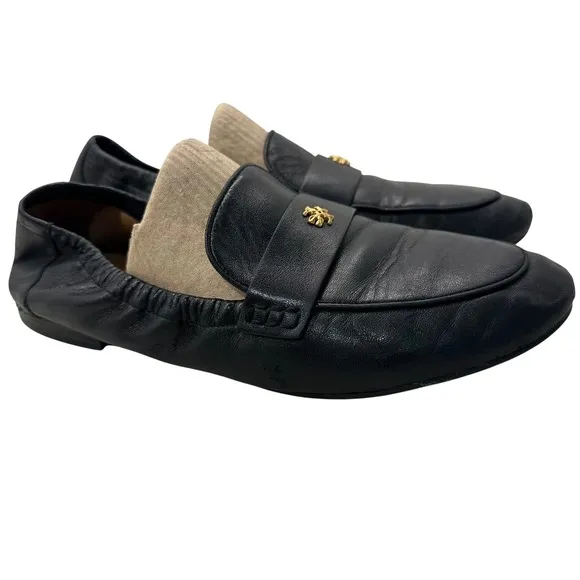 Tory Burch Black Napa Leather Loafers Slip On Flats Ballet Sz 8.5 Gold Designer