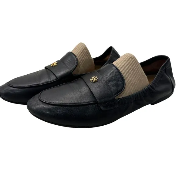 Tory Burch Black Napa Leather Loafers Slip On Flats Ballet Sz 8.5 Gold Designer