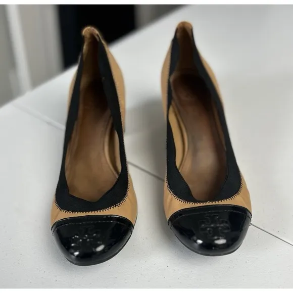 Tory Burch Gabby Cap Toe Leather Pump Black/Tan Shoes Size 8 Preppy Classic