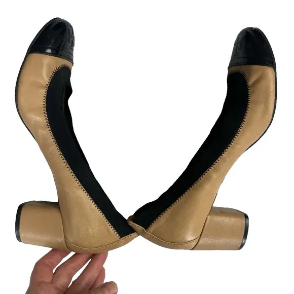 Tory Burch Gabby Cap Toe Leather Pump Black/Tan Shoes Size 8 Preppy Classic