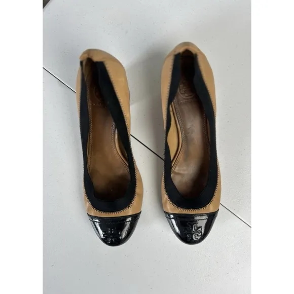 Tory Burch Gabby Cap Toe Leather Pump Black/Tan Shoes Size 8 Preppy Classic