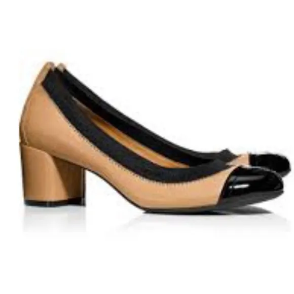 Tory Burch Gabby Cap Toe Leather Pump Black/Tan Shoes Size 8 Preppy Classic
