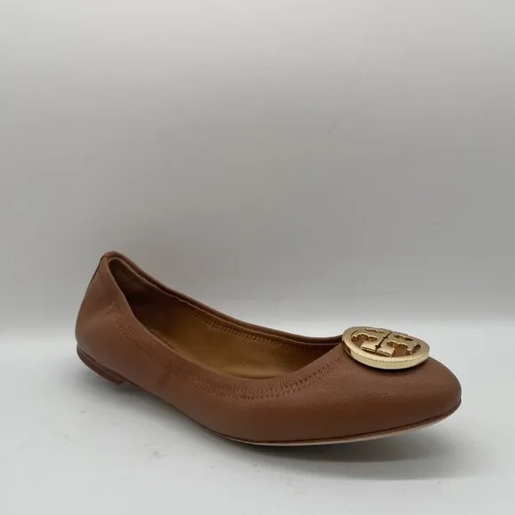 Tory Burch Minnie Women's US 7.5 Ballet Flat Tan Leather Slip On Shoes Gold Logo