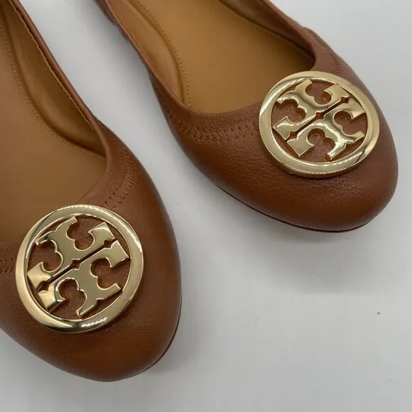 Tory Burch Minnie Women's US 7.5 Ballet Flat Tan Leather Slip On Shoes Gold Logo