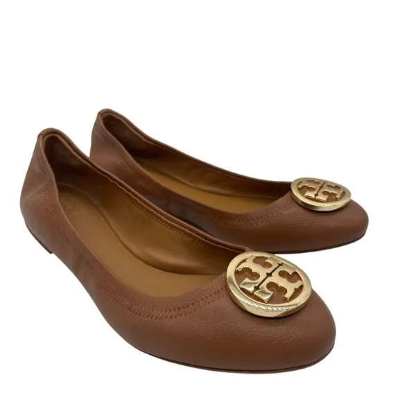 Tory Burch Minnie Women's US 7.5 Ballet Flat Tan Leather Slip On Shoes Gold Logo