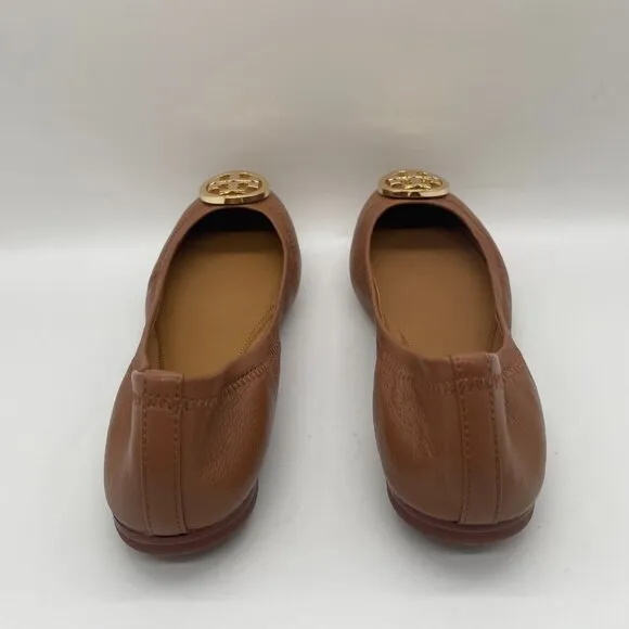 Tory Burch Minnie Women's US 7.5 Ballet Flat Tan Leather Slip On Shoes Gold Logo
