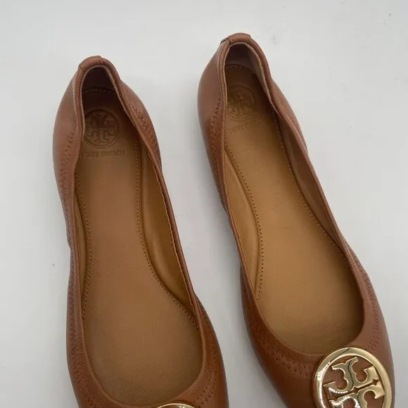 Tory Burch Minnie Women's US 7.5 Ballet Flat Tan Leather Slip On Shoes Gold Logo