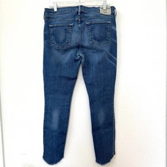 TRUE RELIGION Halle Jeans Super Skinny Ankle Raw Hem Blue Denim Size 31