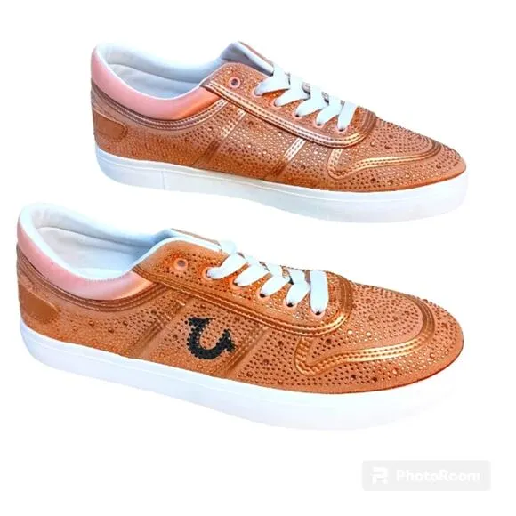 True Religion Rhinestone Sneakers Sz 10  Embellished Trainers Rose Gold Luxe NEW