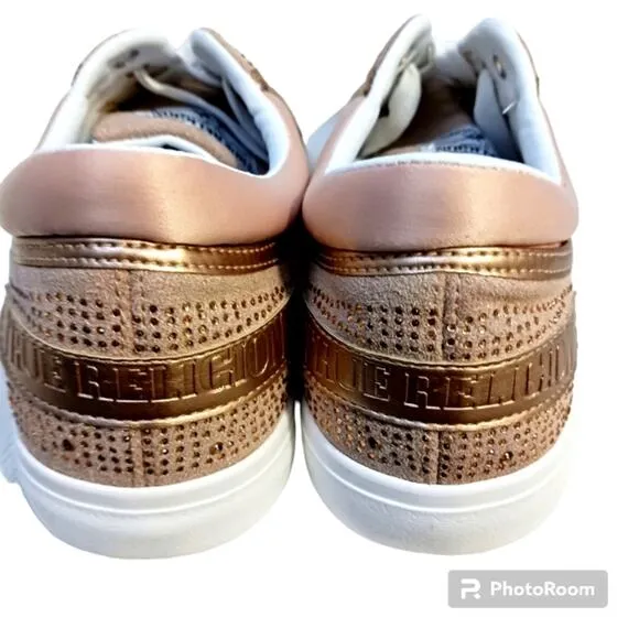 True Religion Rhinestone Sneakers Sz 10  Embellished Trainers Rose Gold Luxe NEW