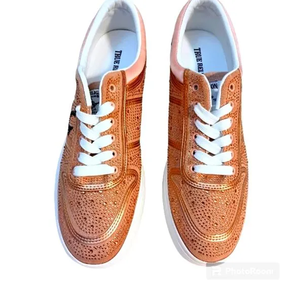 True Religion Rhinestone Sneakers Sz 10  Embellished Trainers Rose Gold Luxe NEW