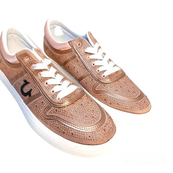 True Religion Rhinestone Sneakers Sz 10  Embellished Trainers Rose Gold Luxe NEW