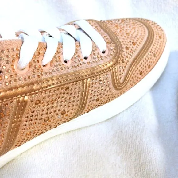 True Religion Rhinestone Sneakers Sz 10  Embellished Trainers Rose Gold Luxe NEW