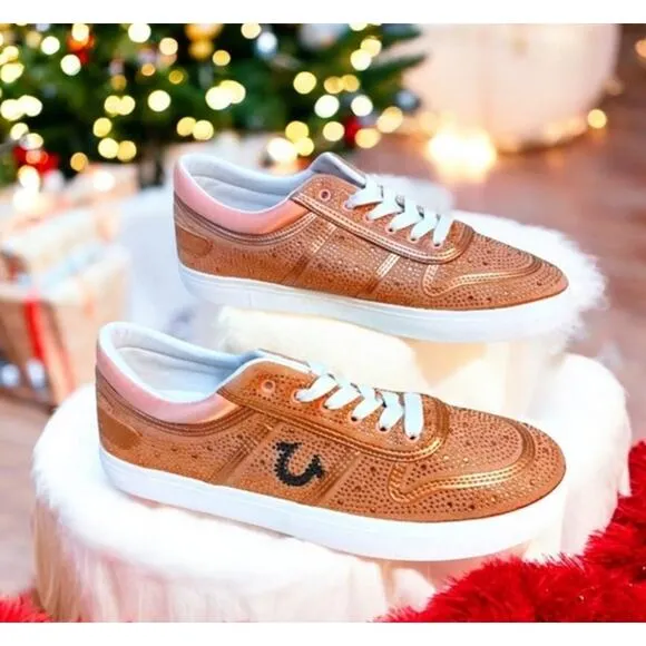 True Religion Rhinestone Sneakers Sz 10  Embellished Trainers Rose Gold Luxe NEW