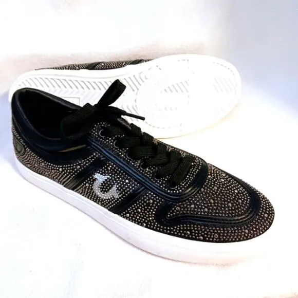 True Religion Rhinestone Sneakers Sz 8.5 BLACK Embellished Trainers Sparkle NEW