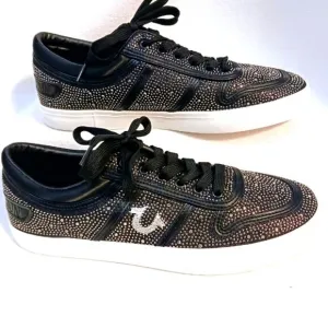 True Religion Rhinestone Sneakers Sz 8.5 BLACK Embellished Trainers Sparkle NEW