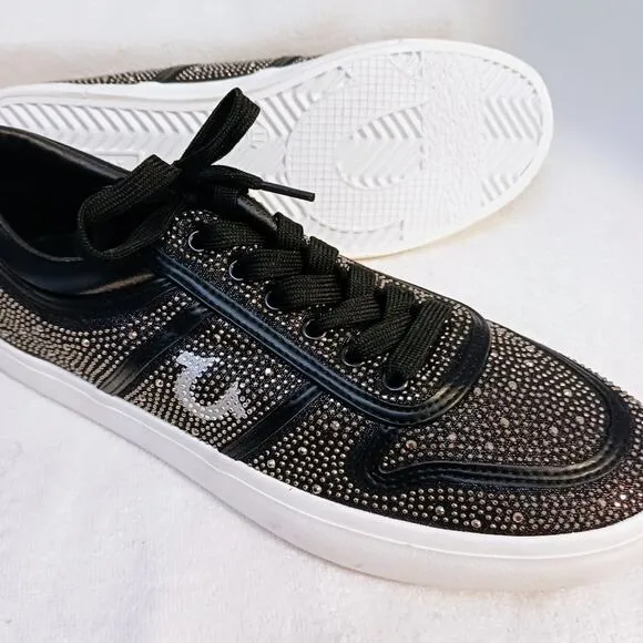 True Religion Rhinestone Sneakers Sz 8.5 BLACK Embellished Trainers Sparkle NEW